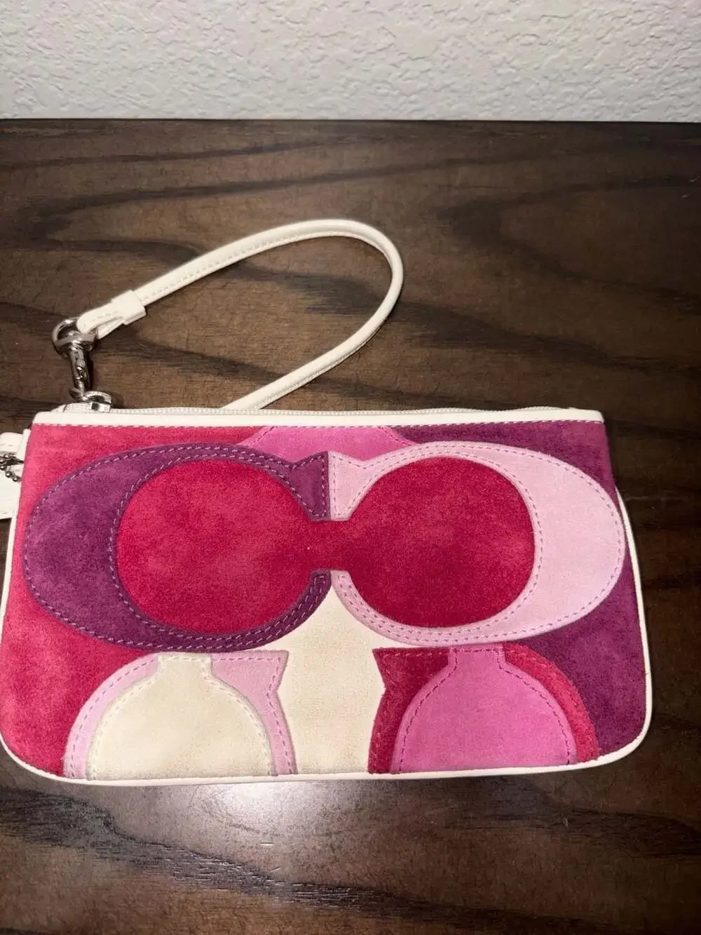 Coach Op Art Patchwork Suede Wristlet in Pink and Purple Multi